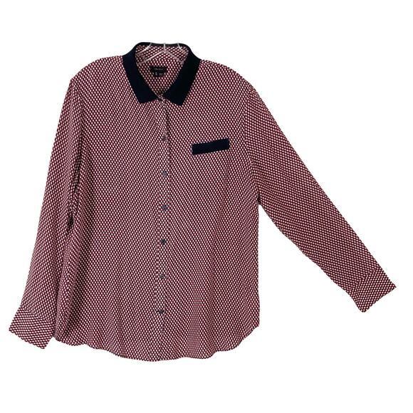 THEORY Button Shirt Women XL Silk Multi-Red Geo-Print Pocket Long-Slv “Rogene” - Picture 2 of 13